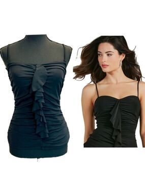 Be Creative black ruched ruffle frill sweetheart neckline tankini swimsuit top